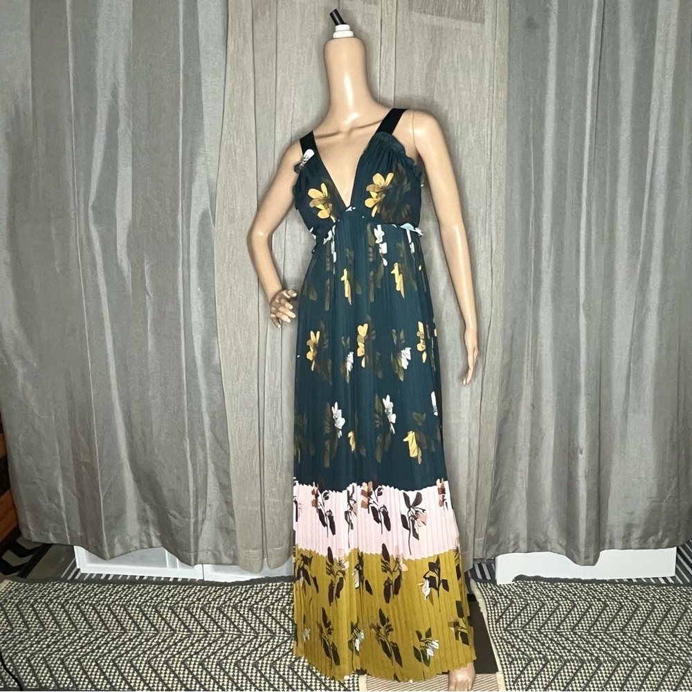 Ted Baker Kaylare Savanna Teal and Yellow Floral Maxi Pleated Dress Size 0 - Picture 5 of 13